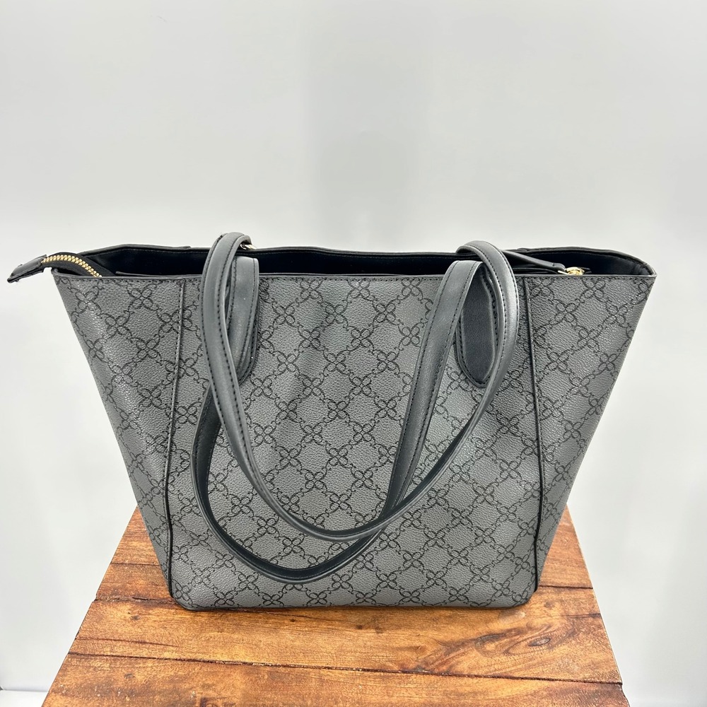 Nine West Womens Grey Black Monogram Logo Tote Bag with Card Holder Charm - Picture 3 of 14